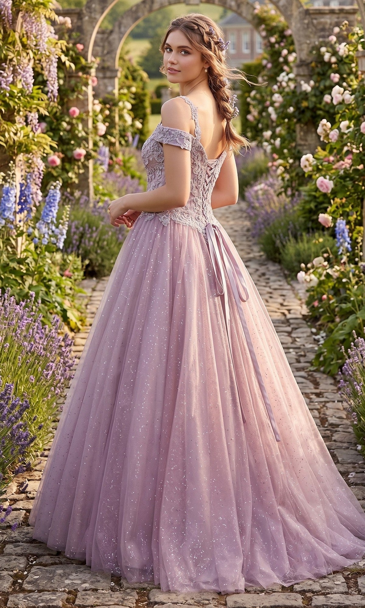 A young woman in the Chicas YG5012 Long Formal Dress, a lavender off-the-shoulder gown, stands on a stone path in a flower garden, looking over her shoulder.